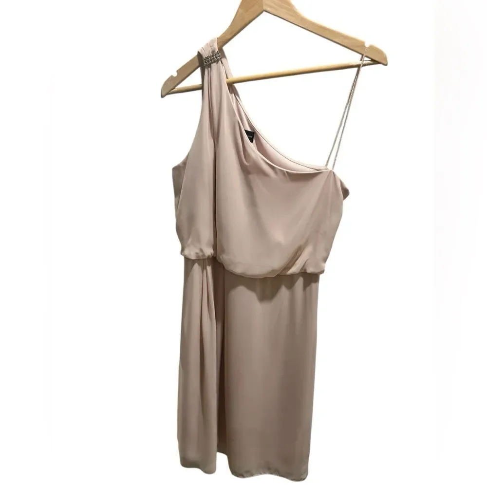 Adrianna Papell One Shoulder Blush Chiffon Cocktail Dress Rhinestone NWT 12